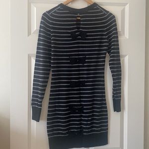 French Connection Striped Sweater Dress w/ Mini Bows Back Size 4 Sexy Blk Gray